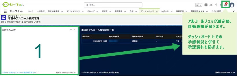 アルコールチェック測定後の自動通知