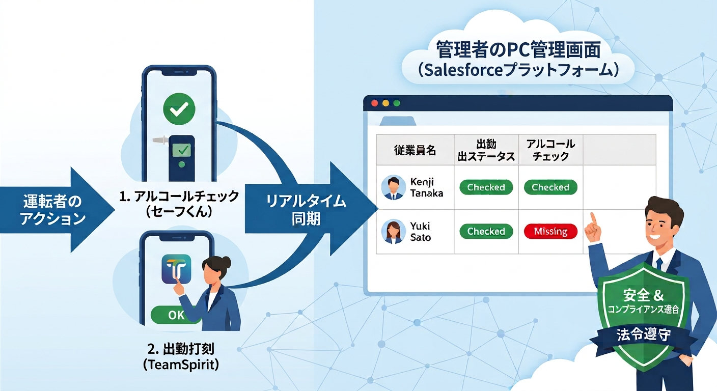 出退勤とアルコール測定結果をリアルタイム照合